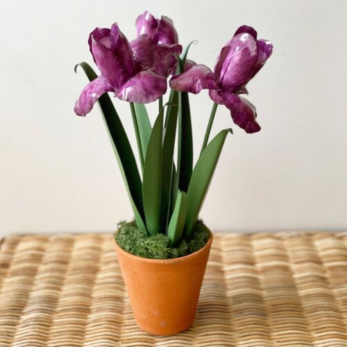Artisan Porcelain Flower Irises Purple & White Specks in Pot
