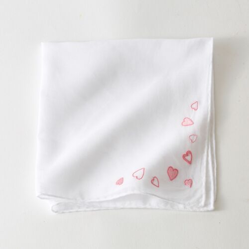 D. Porthault Handkerchief Embroidered Coeurs Pink