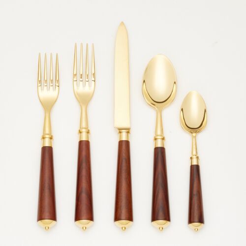 French Flatware Julia Rosewood & Gold Stainless 5-Piece Setting