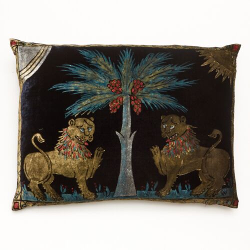 Mirella Lions & Palm Silk Velvet Pillow 21x33"