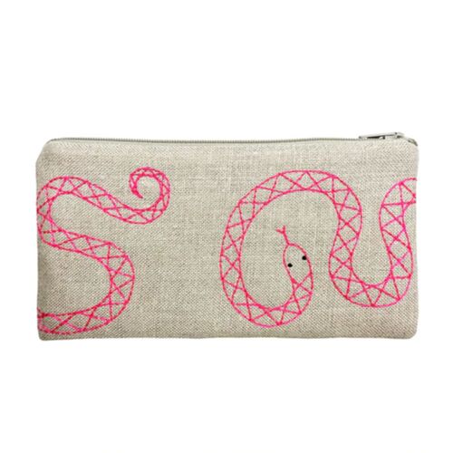 Natural Flax Pouch Pink Snake Large