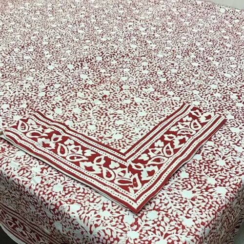 Hand Blocked Holiday Red Print Tablecloth