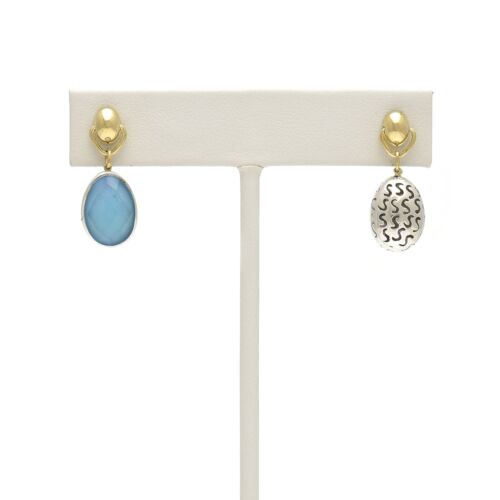 18K Gold-Dipped Silver Squiggly Line Reversible Light Blue Stone Earrings