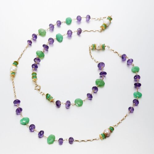 14K Amethyst, Chrysoprase & Pearl Necklace