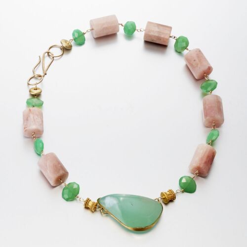 14K Rose Quartz, Chrysoprase & Nugget Chrysoprase Necklace