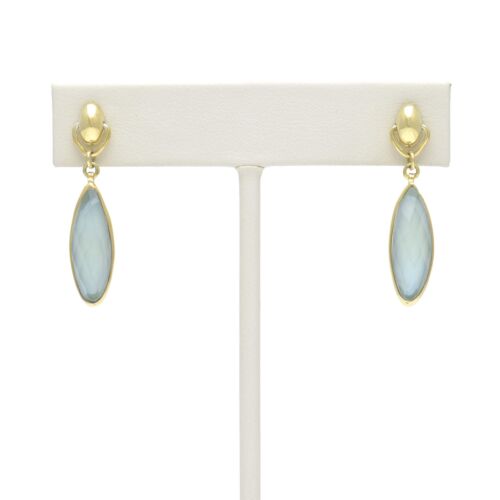 18K Gold-Dipped Long Pod Reversible Light Blue Stone Earrings