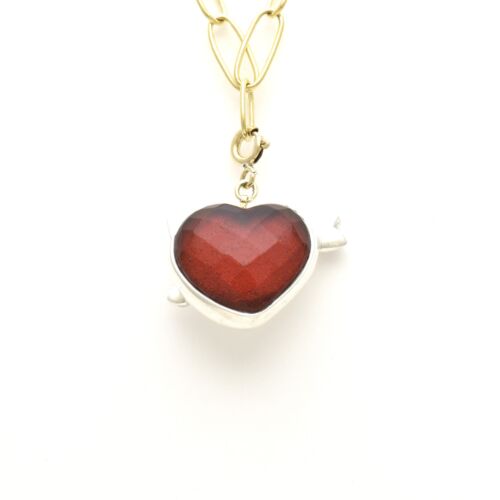18K Gold-Dipped Puffy Heart with Arrow Reversible Red Stone Pendant