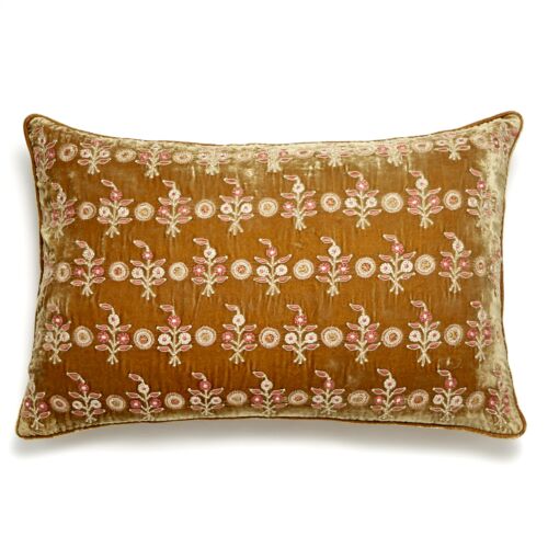Anke Drechsel Silk Velvet Pillow Gujarat Flower Gold Bronze 16x24"