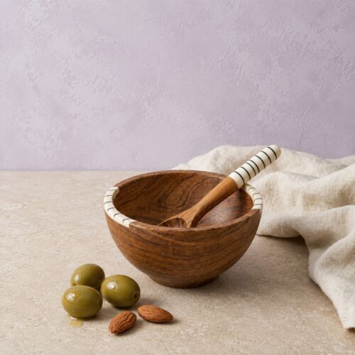 Artisan Olive Wood & Bone Bowl with Spoon Mini