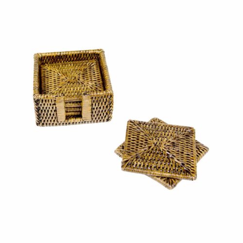 Caspari Rattan Honey Square Coaster & Holder Set