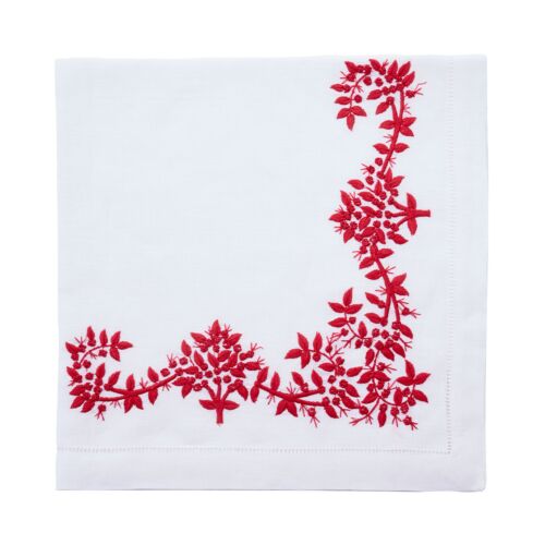 Deborah Rhodes Napkin Embroidered Royal Garden White & Holiday Red