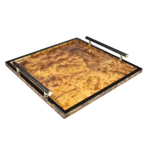 Lacquer Walnut Burl Serving Tray with Handle