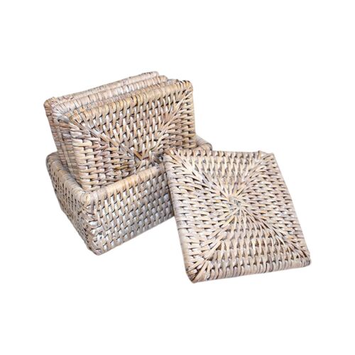 Matahari Rattan Whitewash Square Coaster Box Set/6