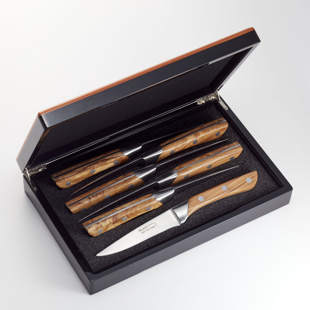 La Cote 6 Piece Steak Knives Set Japanese Stainless Steel Olive Wood Handle  In Gift Box (6 PC Steak Knife Set Olive Wood)